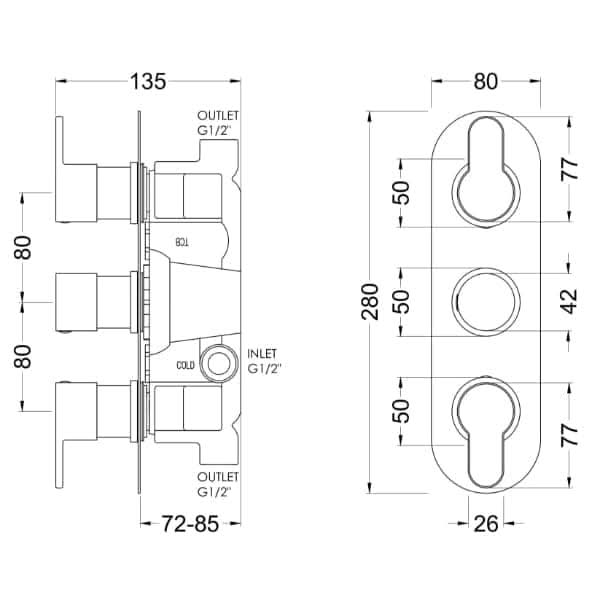 Nuie Arvan Triple Handle Thermostatic Concealed Shower Valve