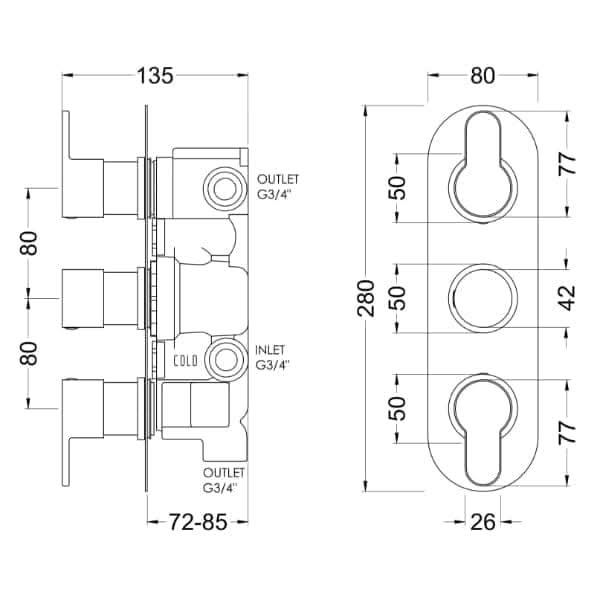 Nuie Arvan Triple Handle Thermostatic Concealed Shower Valve With Diverter