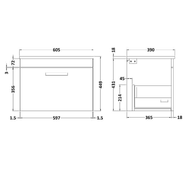 Nuie Athena 1 Drawer Wall Hung Vanity Unit With Worktop 600mm Wide