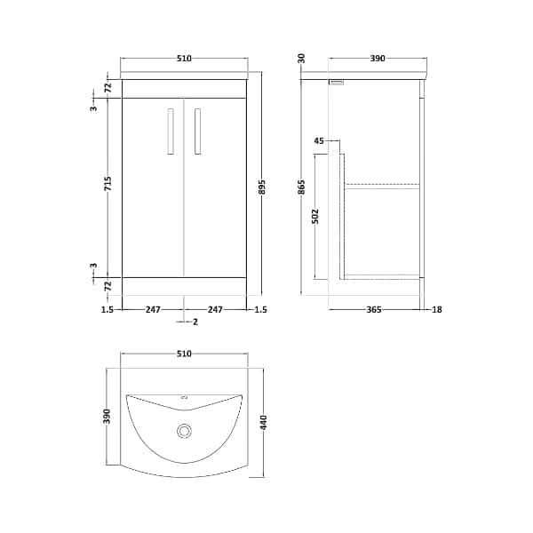Nuie Athena 2 Door Floorstanding Vanity Unit With Basin-4 500mm Wide