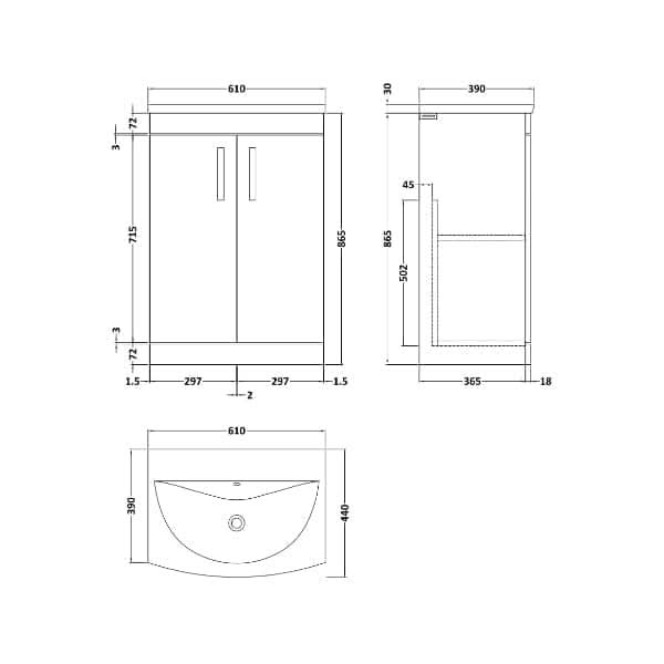 Nuie Athena 2 Door Floorstanding Vanity Unit With Basin-4 600mm Wide