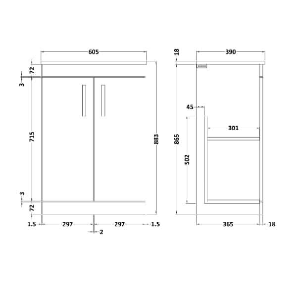 Nuie Athena 2 Door Floorstanding Vanity Unit With Worktop 600mm Wide