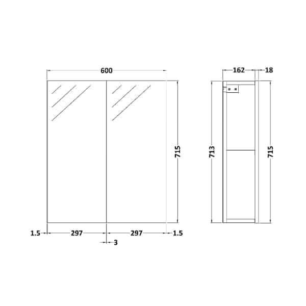 Nuie Athena 2 Door Non Illuminated Mirrored Cabinet (50/50) 600mm Wide