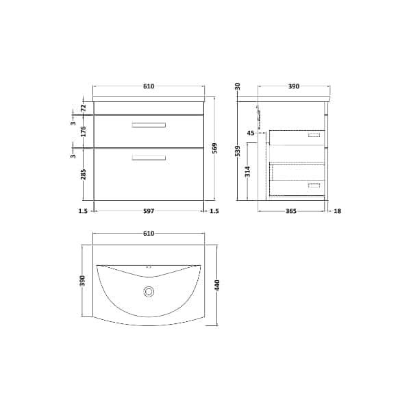 Nuie Athena 2 Drawer Wall Hung Vanity Unit With Basin-4 600mm Wide