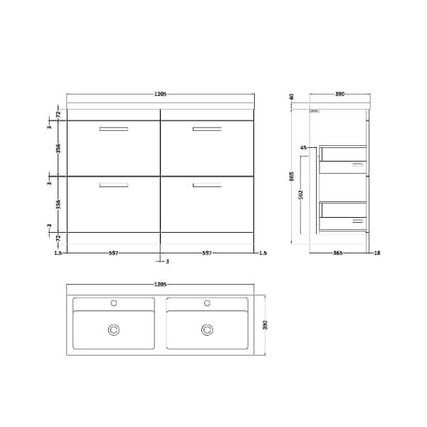 Nuie Athena 4 Drawer Floorstanding Vanity Unit With Double Ceramic Basin 1200mm Wide