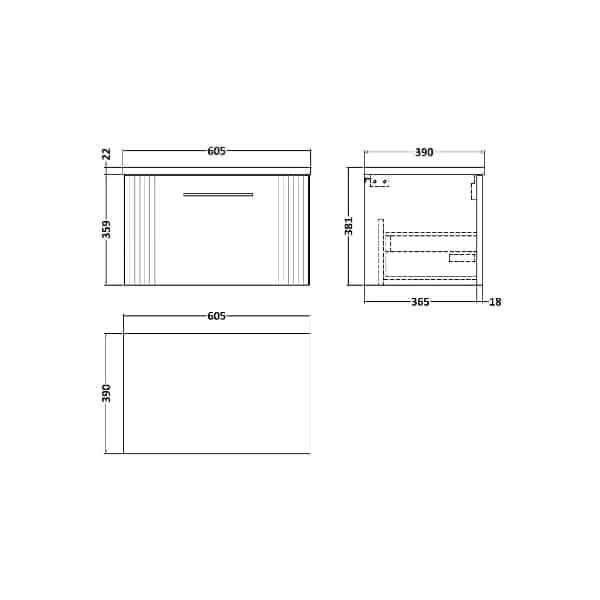 Nuie Deco 1 Drawer Wall Hung Vanity Unit 600mm Wide