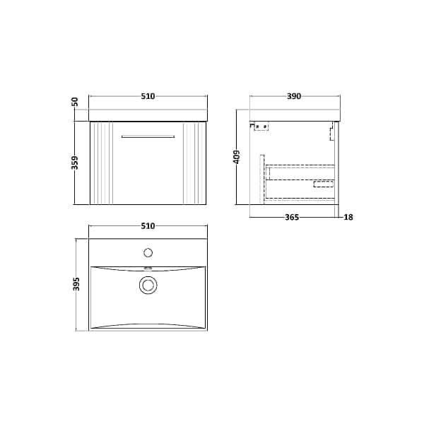Nuie Deco 1 Drawer Wall Hung Vanity Unit With Basin-3 500mm Wide