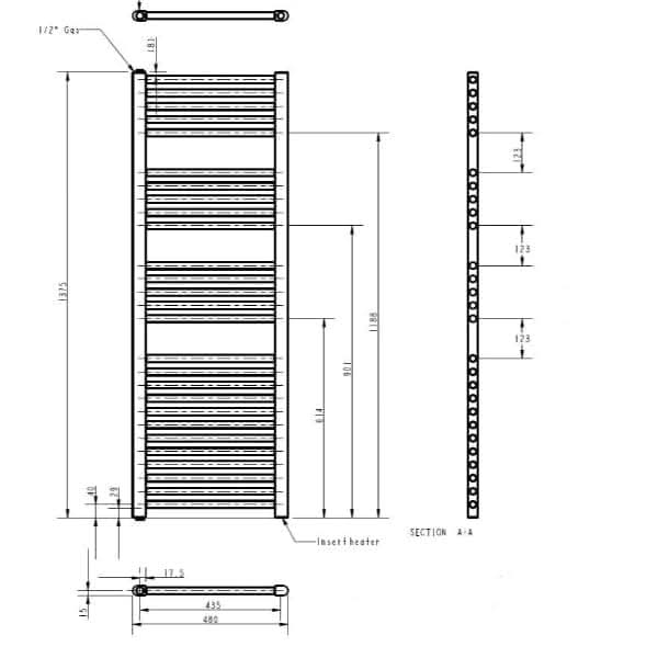 Nuie Water Heated Towel Rail - 1375mm x 480mm
