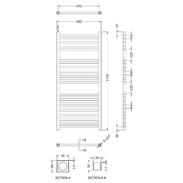 Nuie Eton Water Heated Towel Rail - 1100mm x 500mm