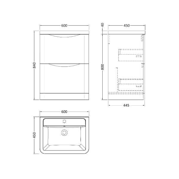 Technical drawing of the Nuie Lunar 2 Drawer Floorstanding Vanity Unit With Ceramic Basin 600mm Wide by Nuie, showing front, side, and top views with labeled dimensions: 600mm wide, 450mm deep, 840mm high; drawer and plumbing positions indicated.
