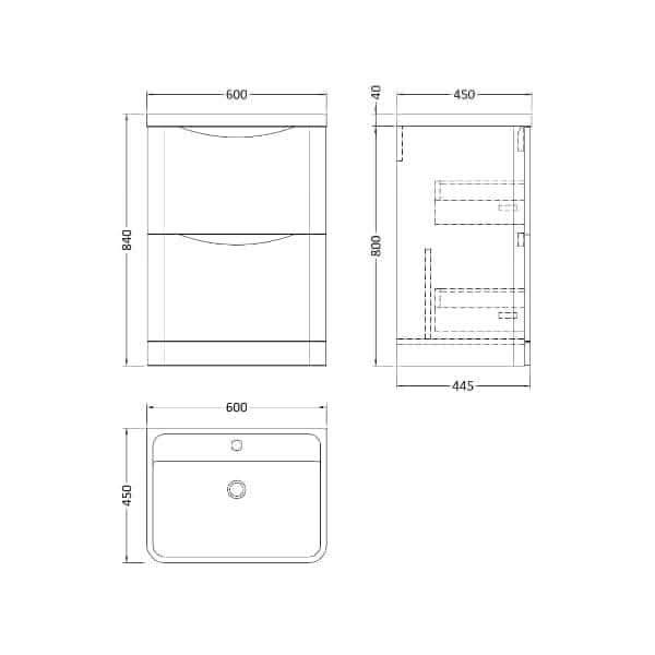 Line drawing of the Nuie Lunar 2 Drawer Floorstanding Vanity Unit With Polymarble Basin 600mm Wide by Nuie, showing front, side, and top labeled views. Dimensions: 600mm W x 450mm D x 840mm H. Features two drawers and a polymarble basin.