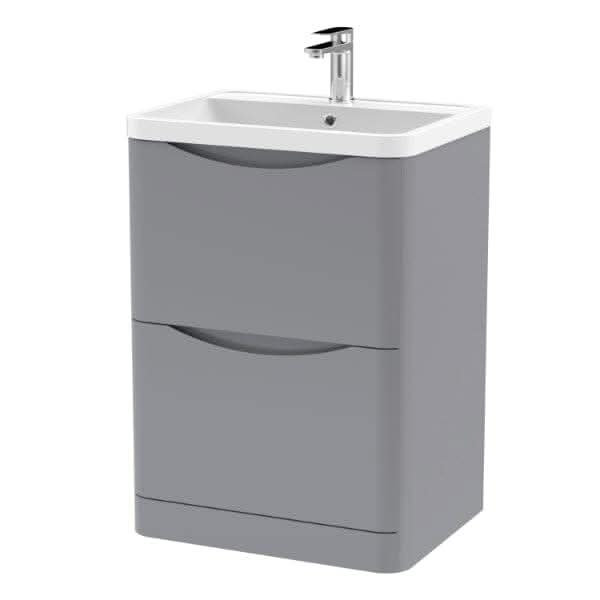 The Nuie Lunar 2 Drawer Floorstanding Vanity Unit with Polymarble Basin (600mm wide) offers modern gray style and ample storage, making it a sleek and practical choice for any contemporary bathroom.