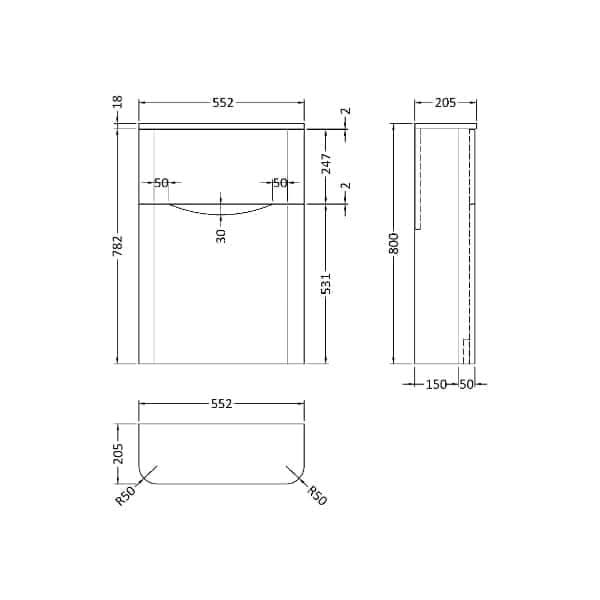 Technical drawing of the Nuie Lunar Back to Wall WC Unit 550mm Wide by Nuie, showing front, side, and top views with millimeter dimensions, including height, depth, and R50 curved front corners.