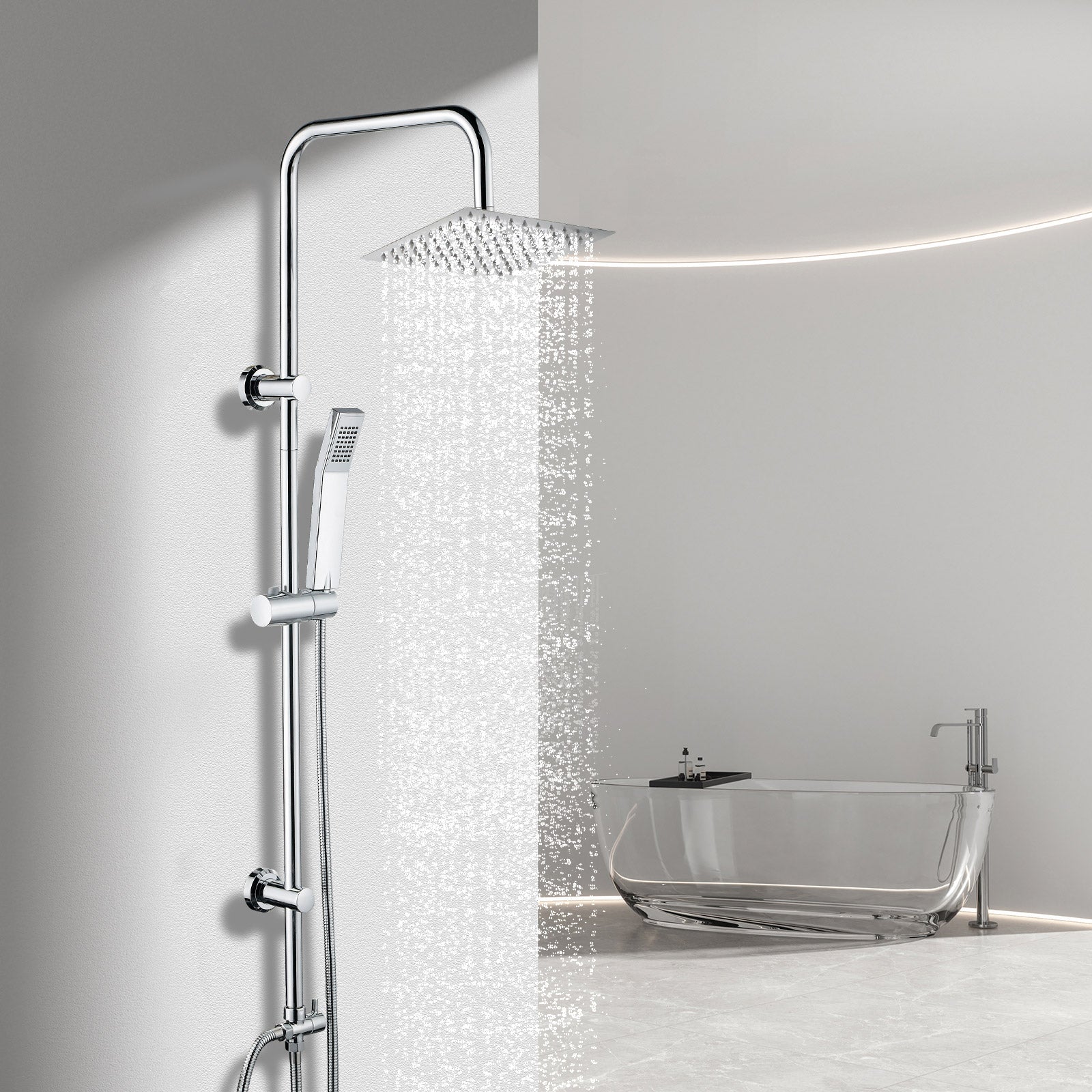 iBathUK Elevex 2 Way Shower Riser Rail Kit with SS Fixed Head & Diverter, Square Design with Universal Fittings, Shower Riser Rail, Chrome, H110 x W20 x D44cm