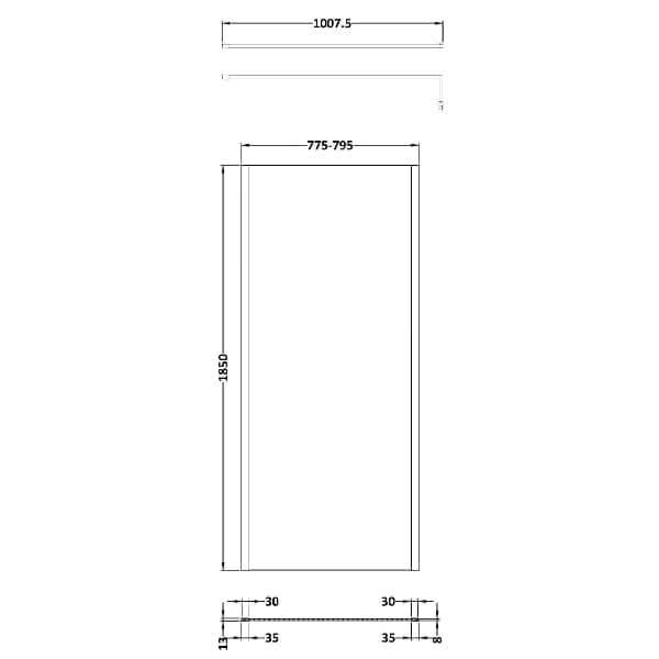 Technical drawing of the Nuie Outer Framed Wetroom Screen with Support Bar by Nuie, showing dimensions: height 1850 mm, width 775–795 mm, outer width 1007.5 mm. Side details include 13 mm, 30 mm, and 35 mm measurements.