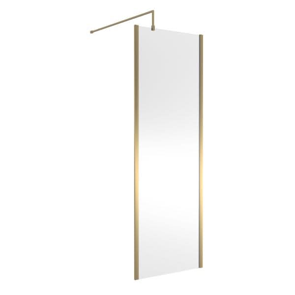 The Nuie Outer Framed Wetroom Screen with Support Bar by Nuie features a tall, rectangular design with gold metal frames and a minimalist style, suspended from the ceiling for a modern look ideal for contemporary interiors.