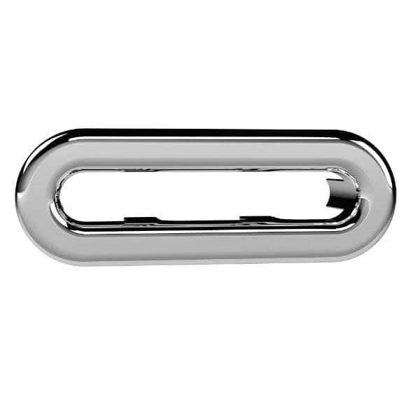 The Nuie Oval Overflow Cover is a shiny, chrome-finished, oval-shaped metallic accessory with a hollow center and rounded edges—an elegant choice for modern bathrooms from Nuie.