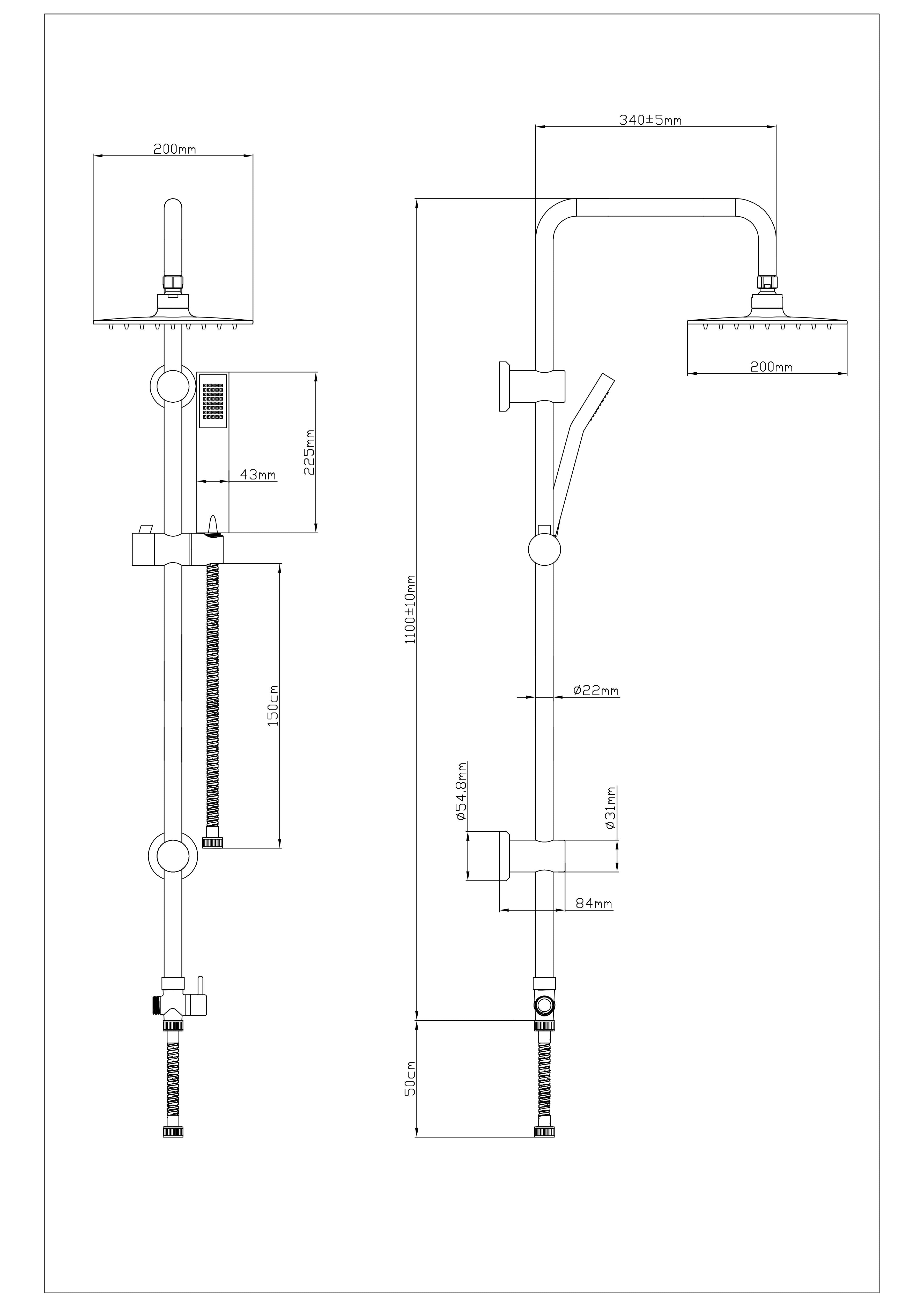 iBathUK Elevex 2 Way Shower Riser Rail Kit with SS Fixed Head & Diverter, Square Design with Universal Fittings, Shower Riser Rail, Chrome, H110 x W20 x D44cm