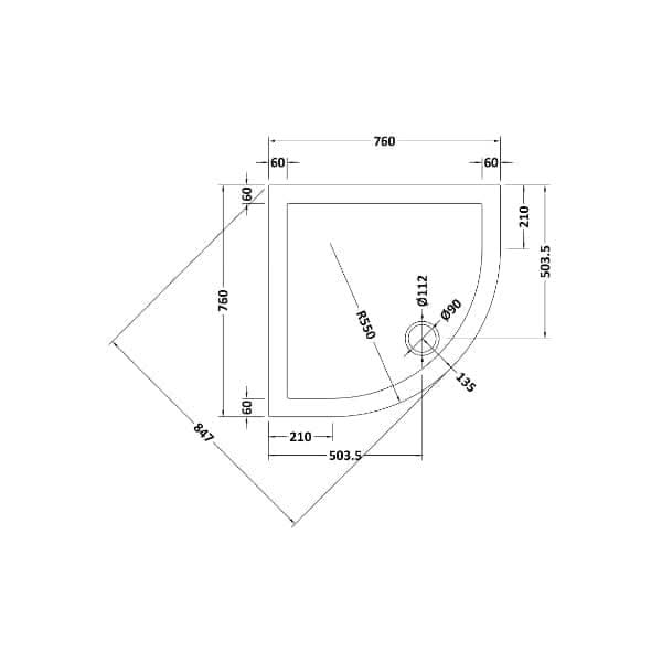 Technical diagram of the Nuie Quadrant Shower Tray - Slate Grey by Nuie, with dimensions in millimeters, featuring a curved front edge, 760 mm side lengths, and detailed measurements for drain position and radii.