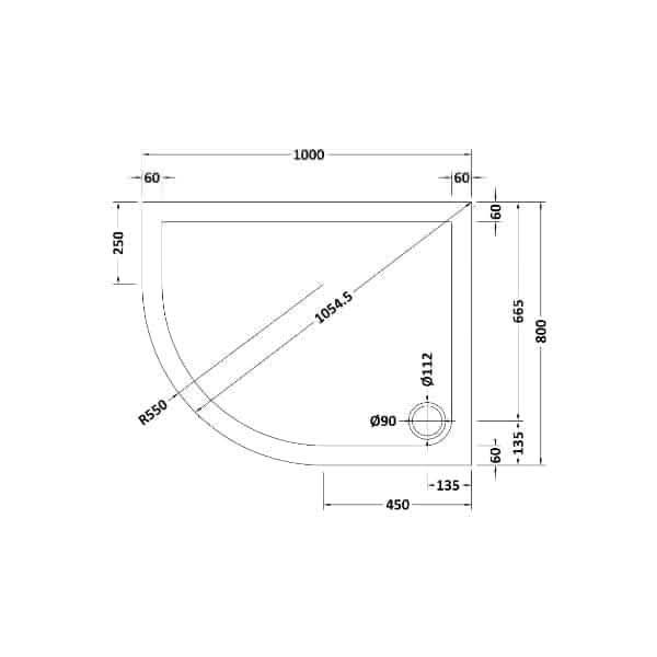 Technical drawing of the Nuie Slip Resistant Offset Quadrant Shower Tray - White by Nuie, with millimeter dimensions showing curved/straight edges, drain placement, radius, and various length measurements.