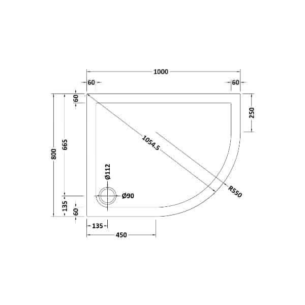 Technical diagram of the Nuie Slip Resistant Offset Quadrant Shower Tray - White, showing 1000mm x 1000mm sides, a 250mm corner radius, a 90mm drain hole diameter, and other measurements in millimeters.