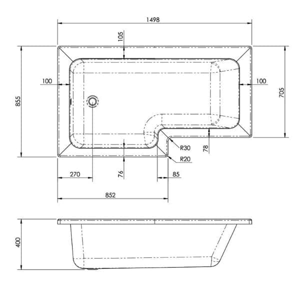 Nuie Square L Shape Shower Bath - White