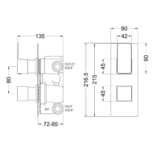 Nuie Windon Dual Handle Thermostatic Concealed Shower Valve With Diverter