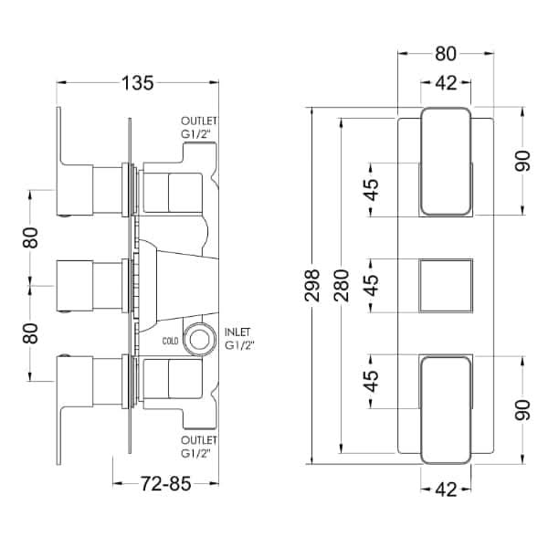 Nuie Windon Triple Handle Thermostatic Concealed Shower Valve