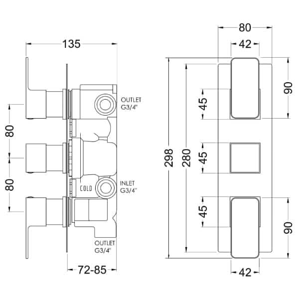 Nuie Windon Triple Handle Thermostatic Concealed Shower Valve With Diverter