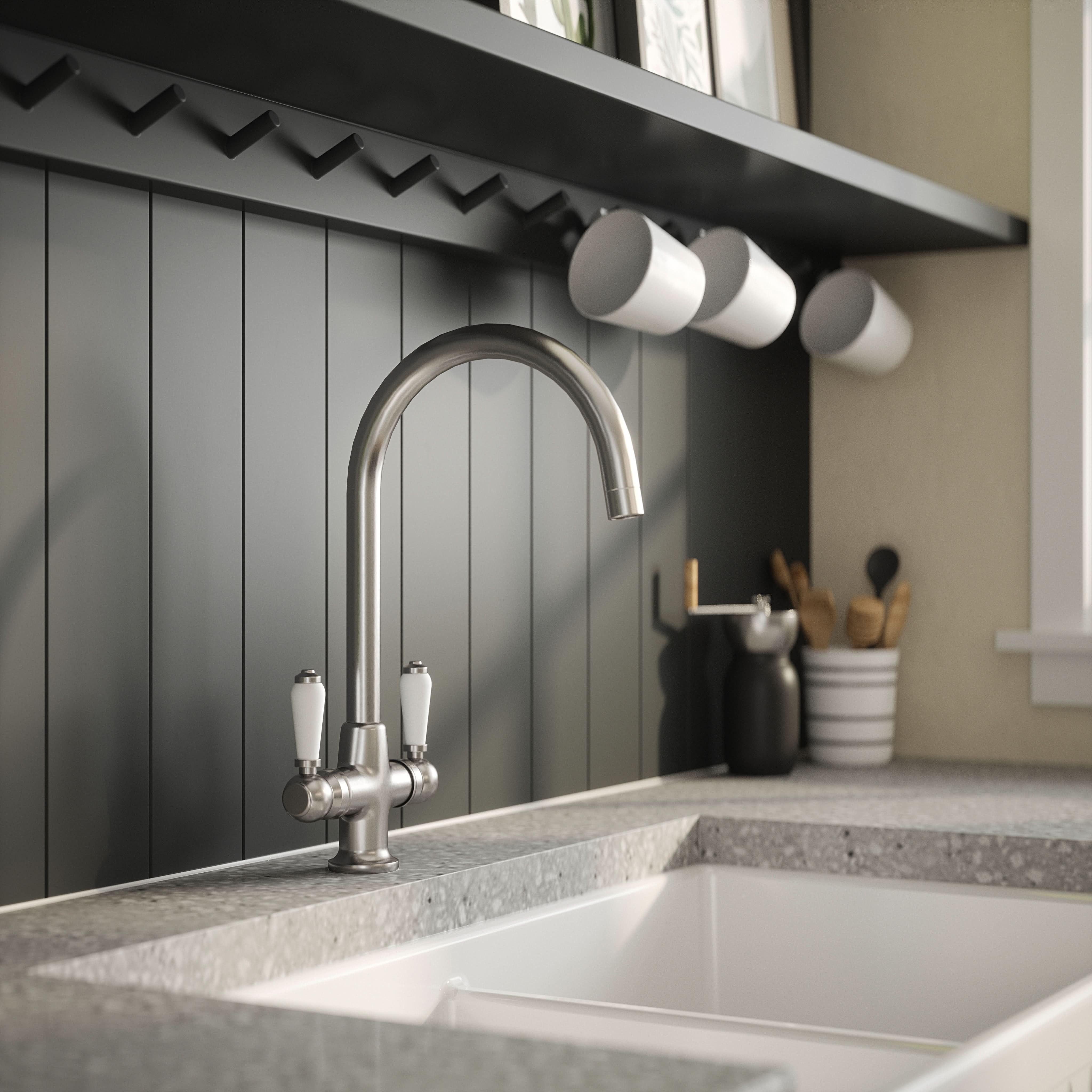 Nuie Cruciform Sink Mixer Kitchen Taps Chrome Finished, Deck Mounted Double Lever White Ceramic Kitchen Sink Taps, Swivel Spout Design Tap Mixer for Kitchen