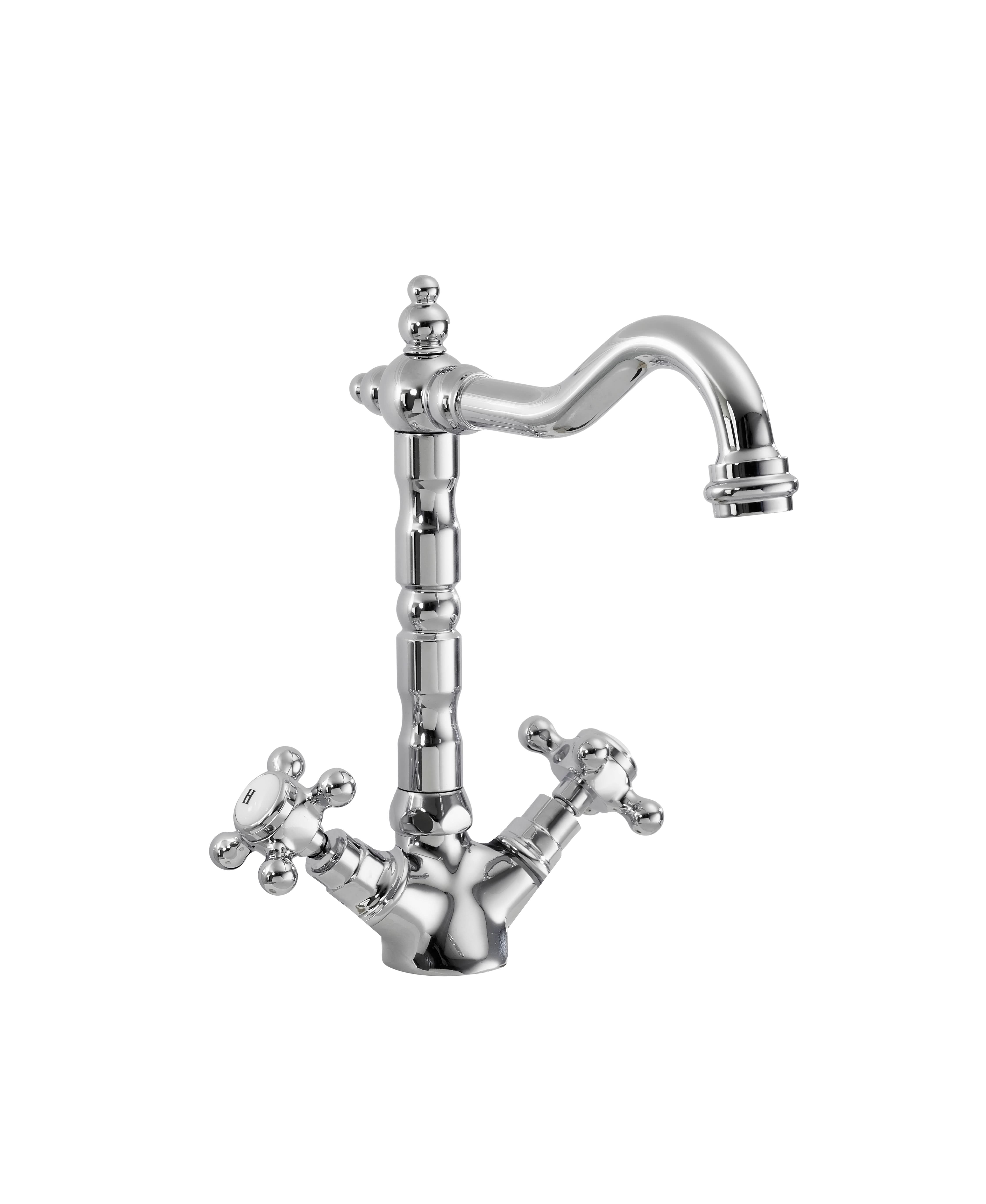 Nuie French Classic Mono Sink Mixer Chrome Plated Kitchen Taps, Deck Mounted Double Crosshead Lever Kitchen Sink Mixer Tap, French Design Kitchen Sinks and Taps
