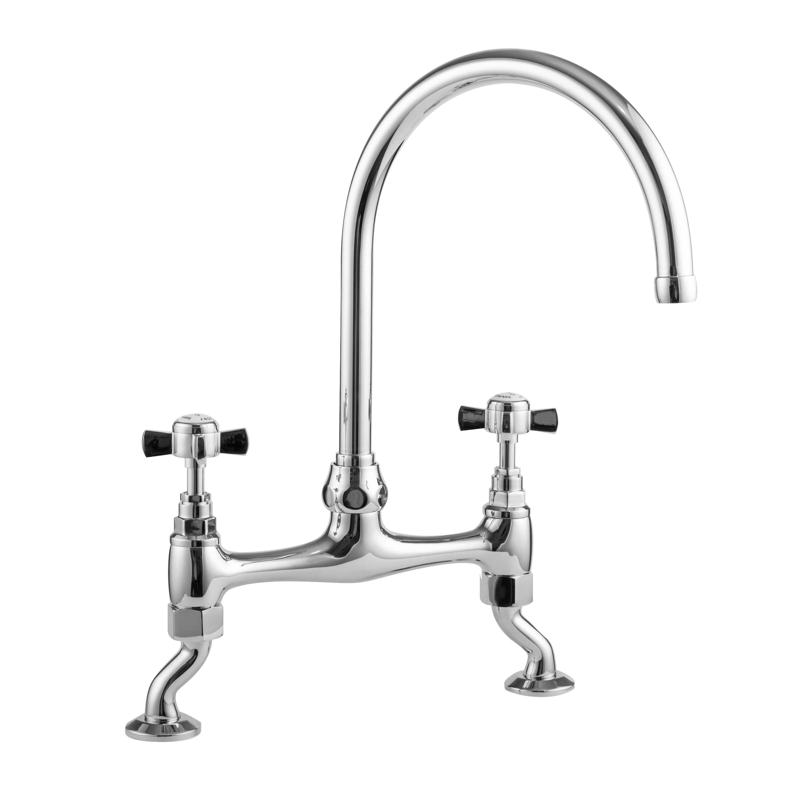 Nuie Bridge Sink Mixer Chrome Finished Kitchen Mixer Taps, Deck Mounted Double Lever Crosshead Sink Tap Mixer For Kitchen, Swivel Spout Brass Kitchen Tap