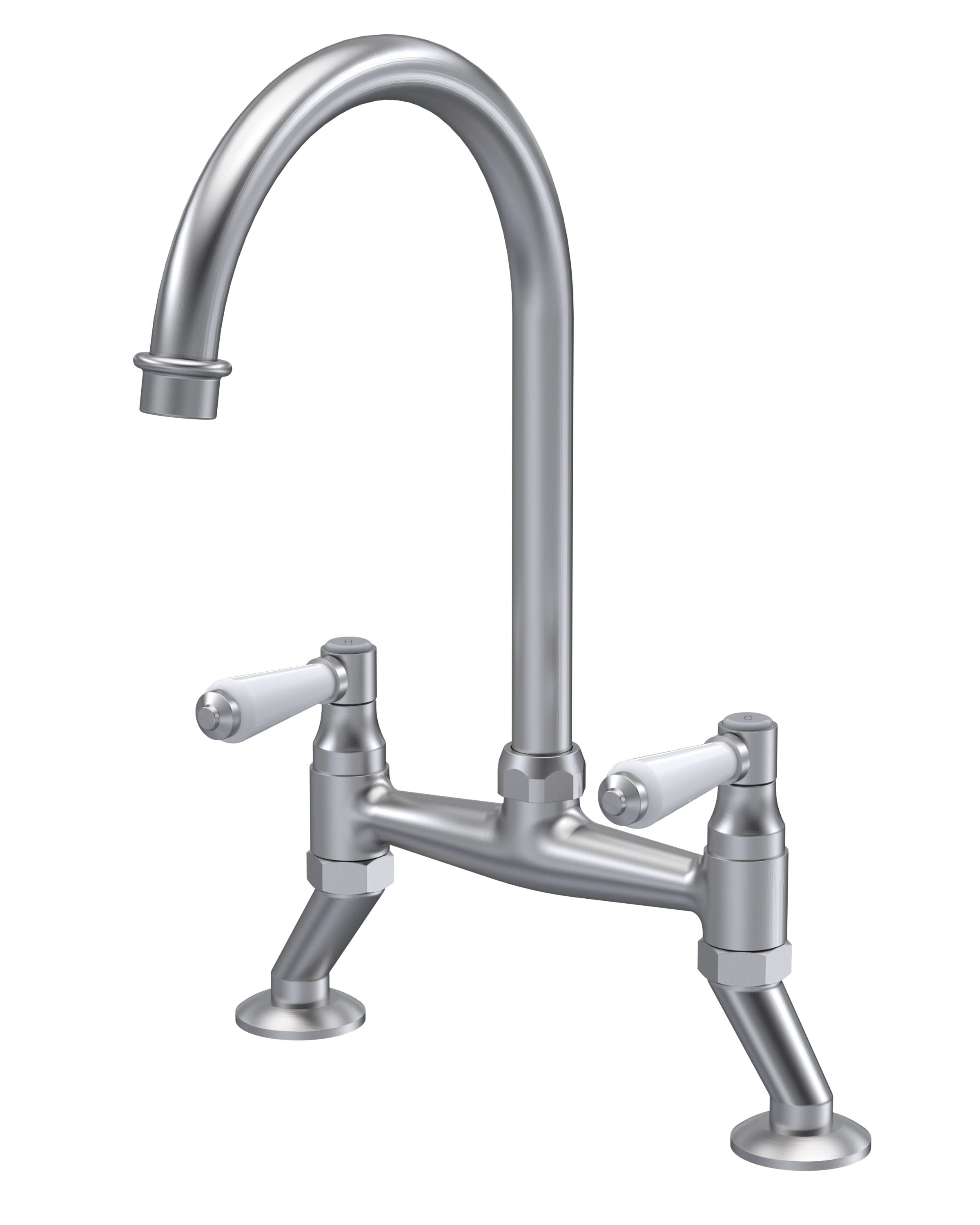 Nuie Bridge Bridge Sink Mixer with Topaz Lever Brushed Nickel Finished Kitchen Mixer Taps, Deck Mounted Double Lever Sink Tap Mixer For Kitchen, Swivel Spout Brass Kitchen Tap