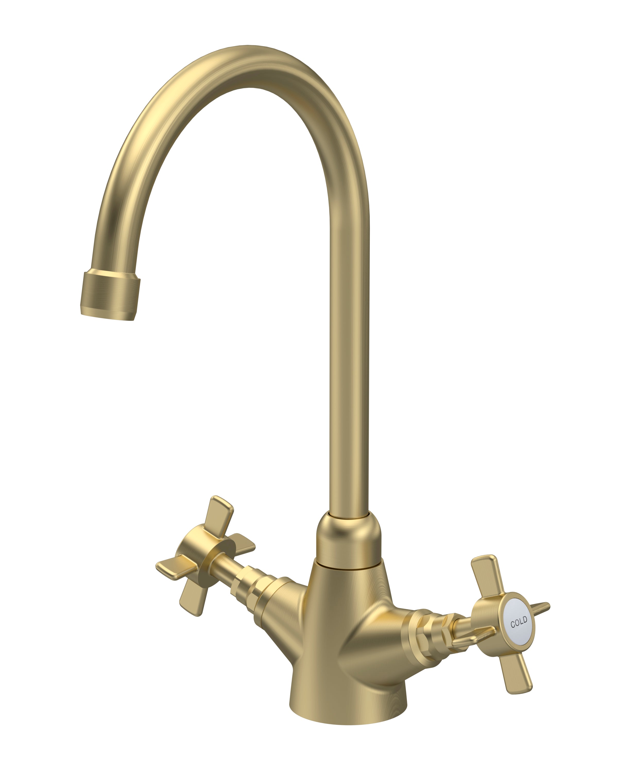 Nui Traditional Mono Sink Mixer Kitchen Taps Platted With Brushed Brass, Deck Mounted Double Crosshead Lever Brass Kitchen Taps, Swivel Spout Kitchen Sink Mixer Tap