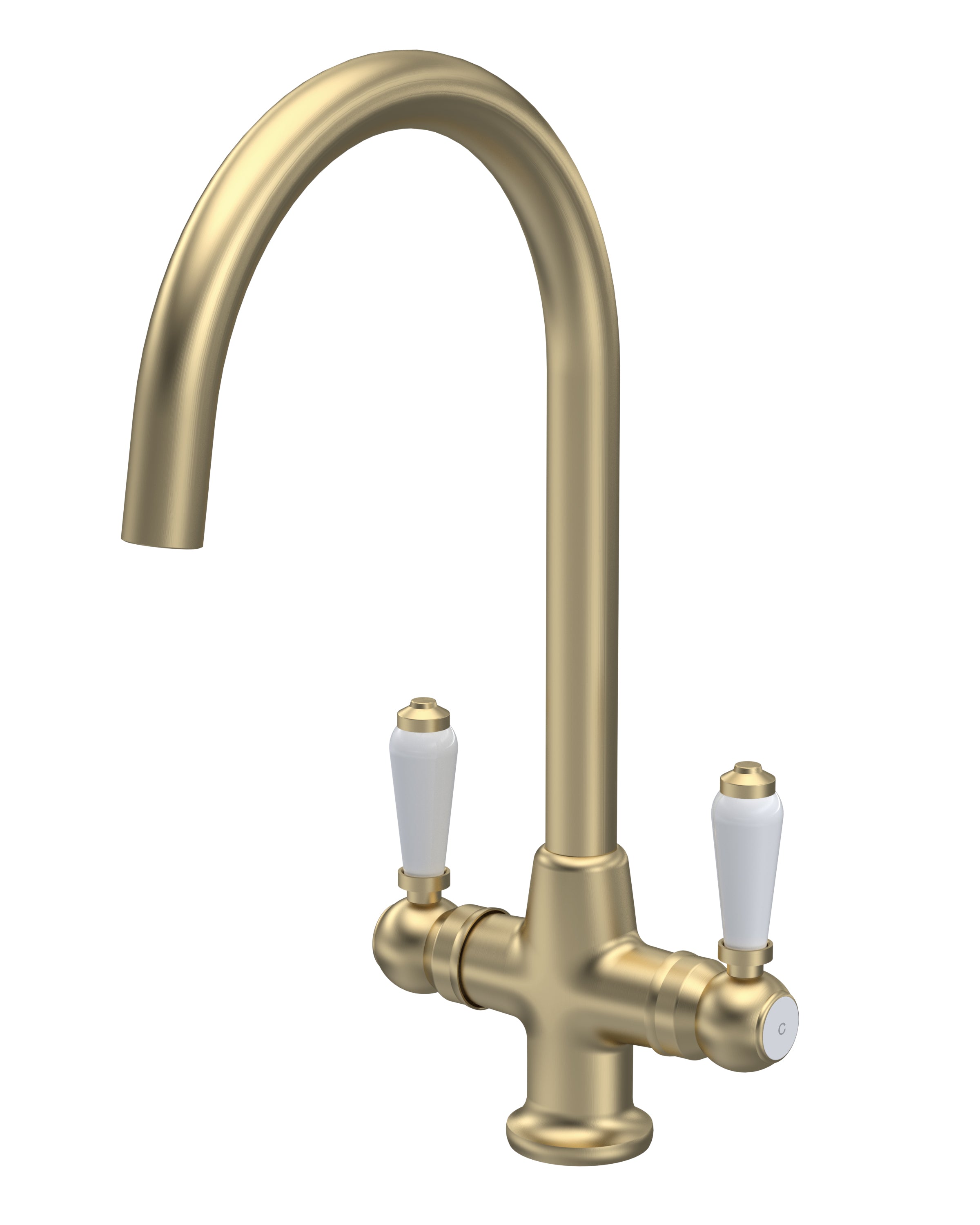 Nuie Cruciform Sink Mixer Kitchen Taps Brushed Brass Finished, Deck Mounted Double Lever White Ceramic Kitchen Sink Taps, Swivel Spout Design Tap Mixer for Kitchen