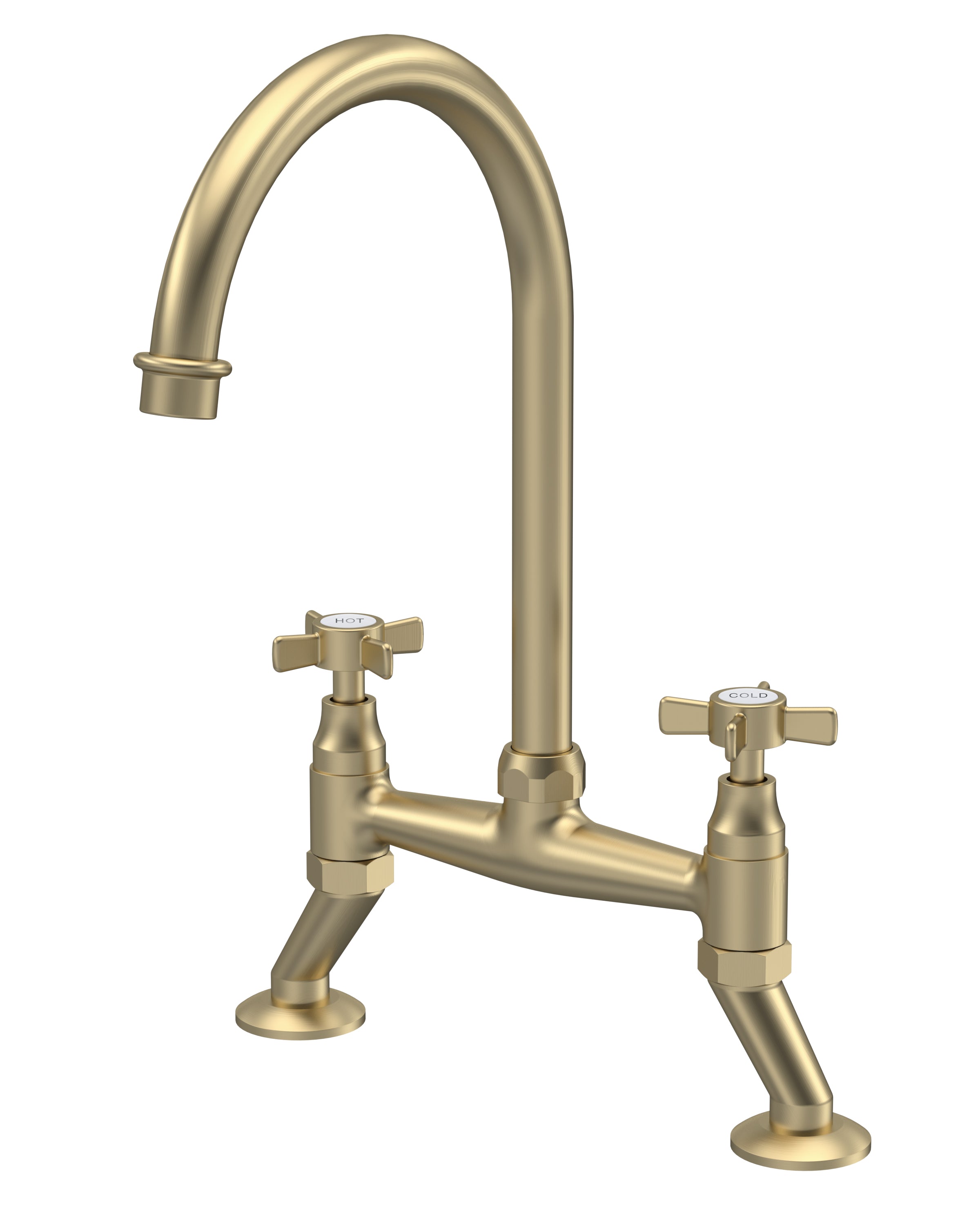 Nuie Bridge Sink Mixer Brushed BrassFinished Kitchen Mixer Taps, Deck Mounted Double Lever Crosshead Sink Tap Mixer For Kitchen, Swivel Spout Brass Kitchen Tap