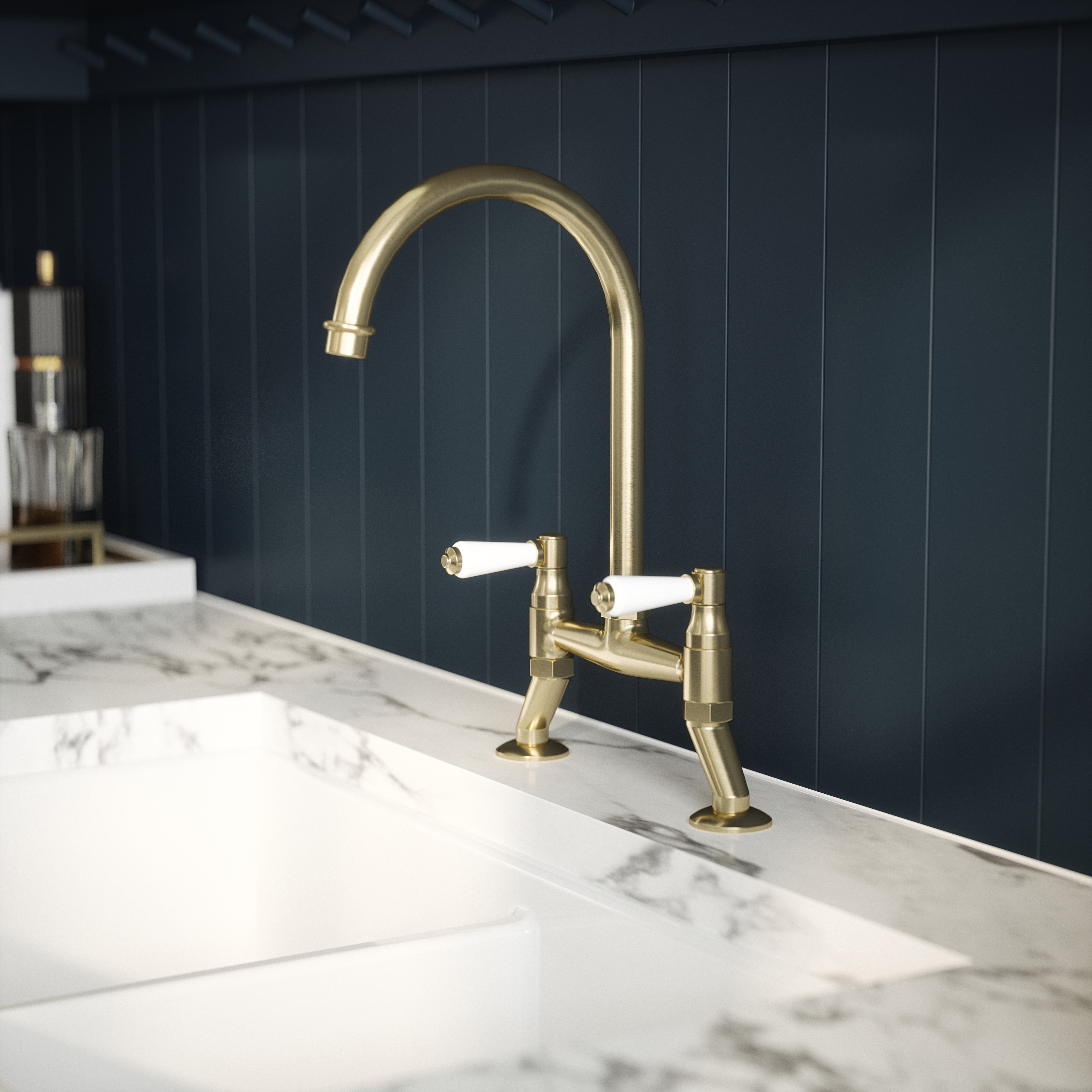 Nuie Bridge Bridge Sink Mixer with Topaz Lever Brushed Nickel Finished Kitchen Mixer Taps, Deck Mounted Double Lever Sink Tap Mixer For Kitchen, Swivel Spout Brass Kitchen Tap