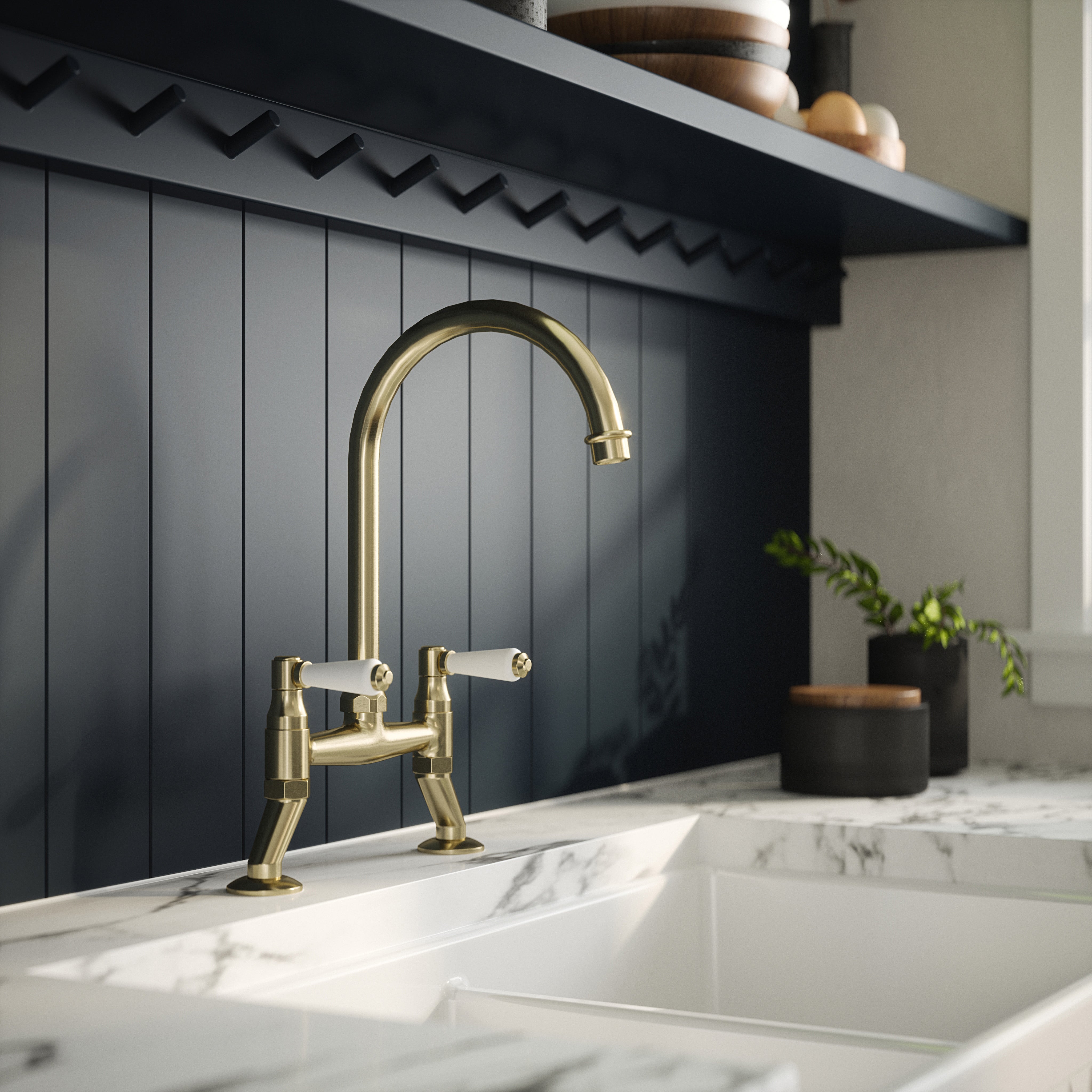 Nuie Bridge Bridge Sink Mixer with Topaz Lever Brushed Nickel Finished Kitchen Mixer Taps, Deck Mounted Double Lever Sink Tap Mixer For Kitchen, Swivel Spout Brass Kitchen Tap