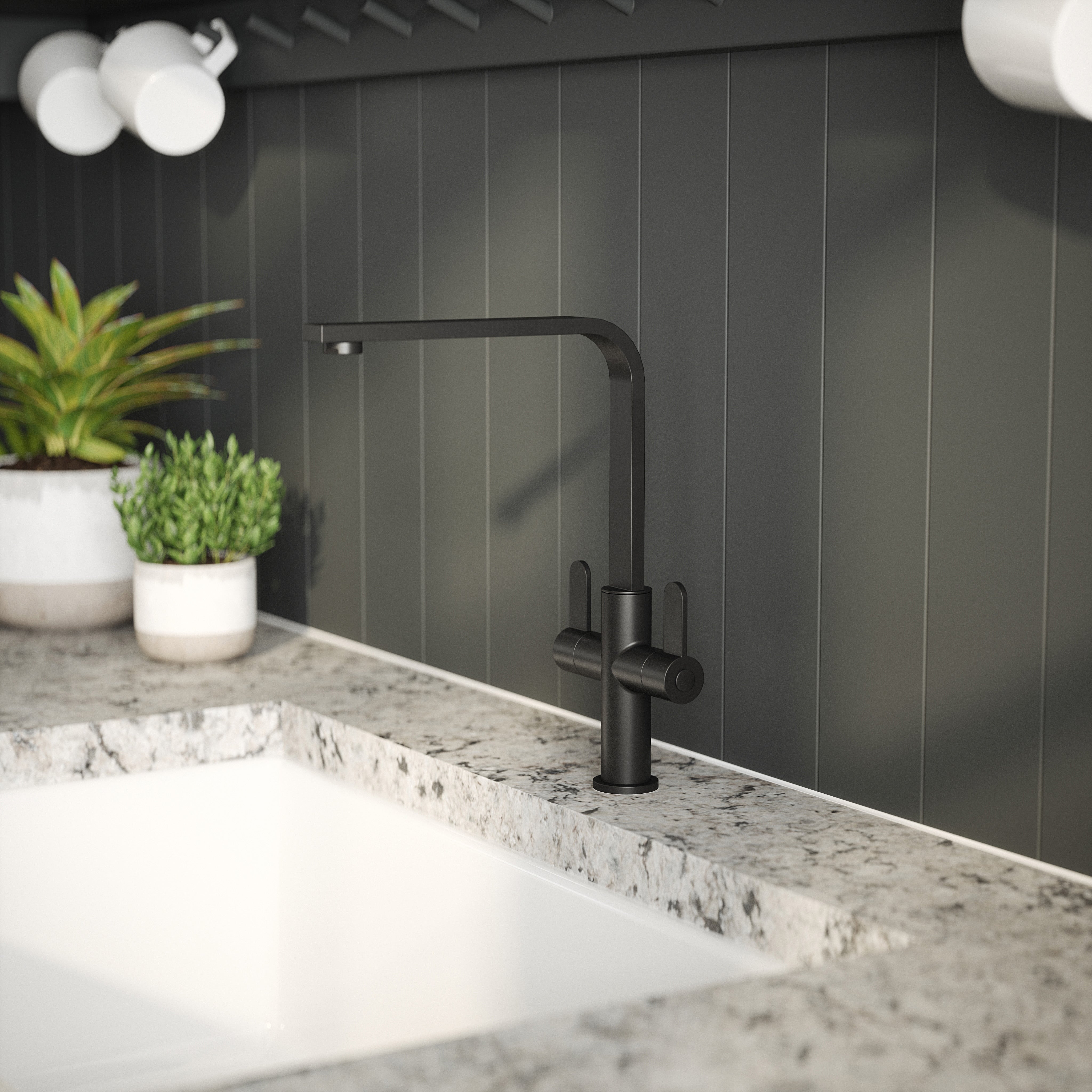 Nuie Churni Mono Dual Lever Matt Black Kitchen Taps, Deck Mounted Tap Mixer for Kitchen, Best Kitchen Taps Made with High Quality Brass Internals, Taditional Kitchen Sink Taps