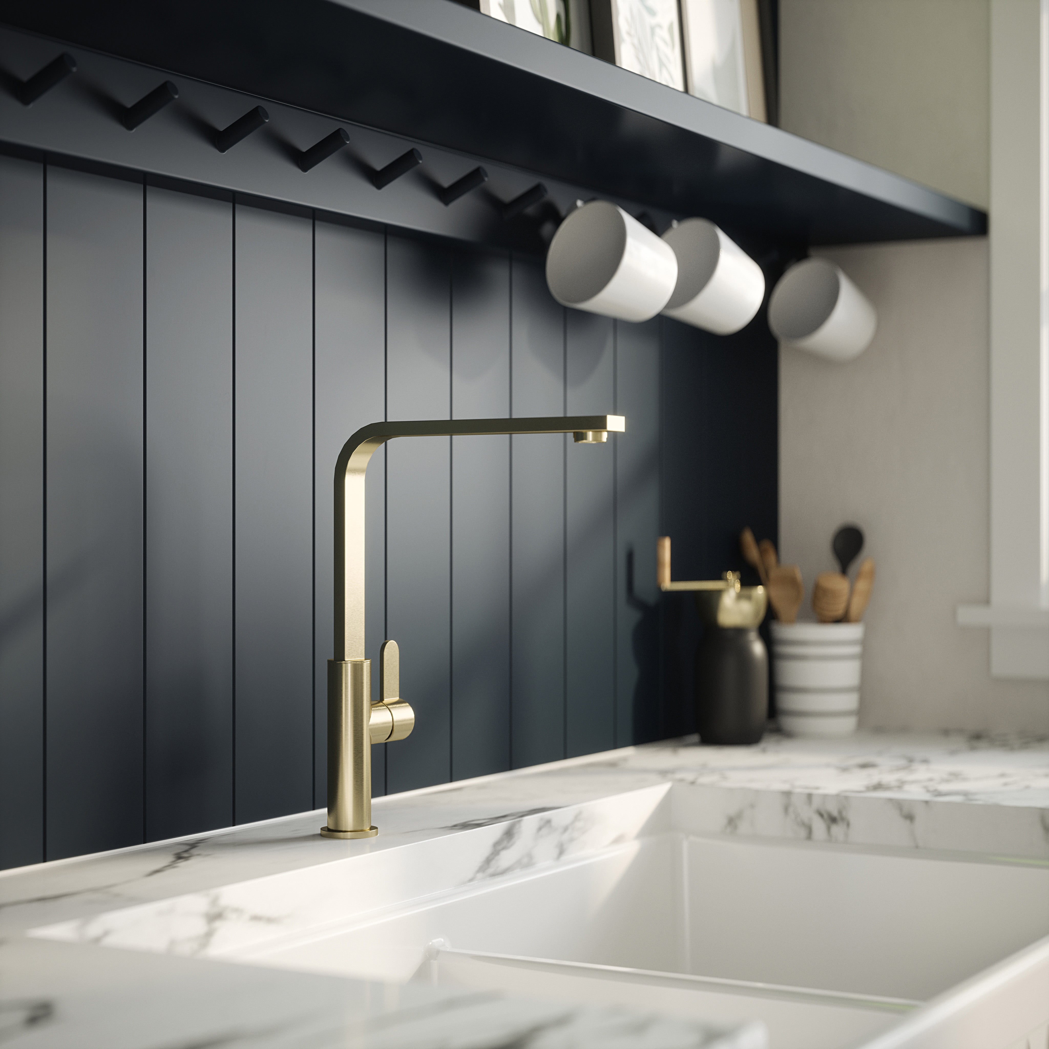Nuie Churni Mono Single Lever Brushed Brass Kitchen Taps, Deck Mounted Tap Mixer for Kitchen, Best Kitchen Taps Made with High Quality Brass Internals, Taditional Kitchen Sink Taps