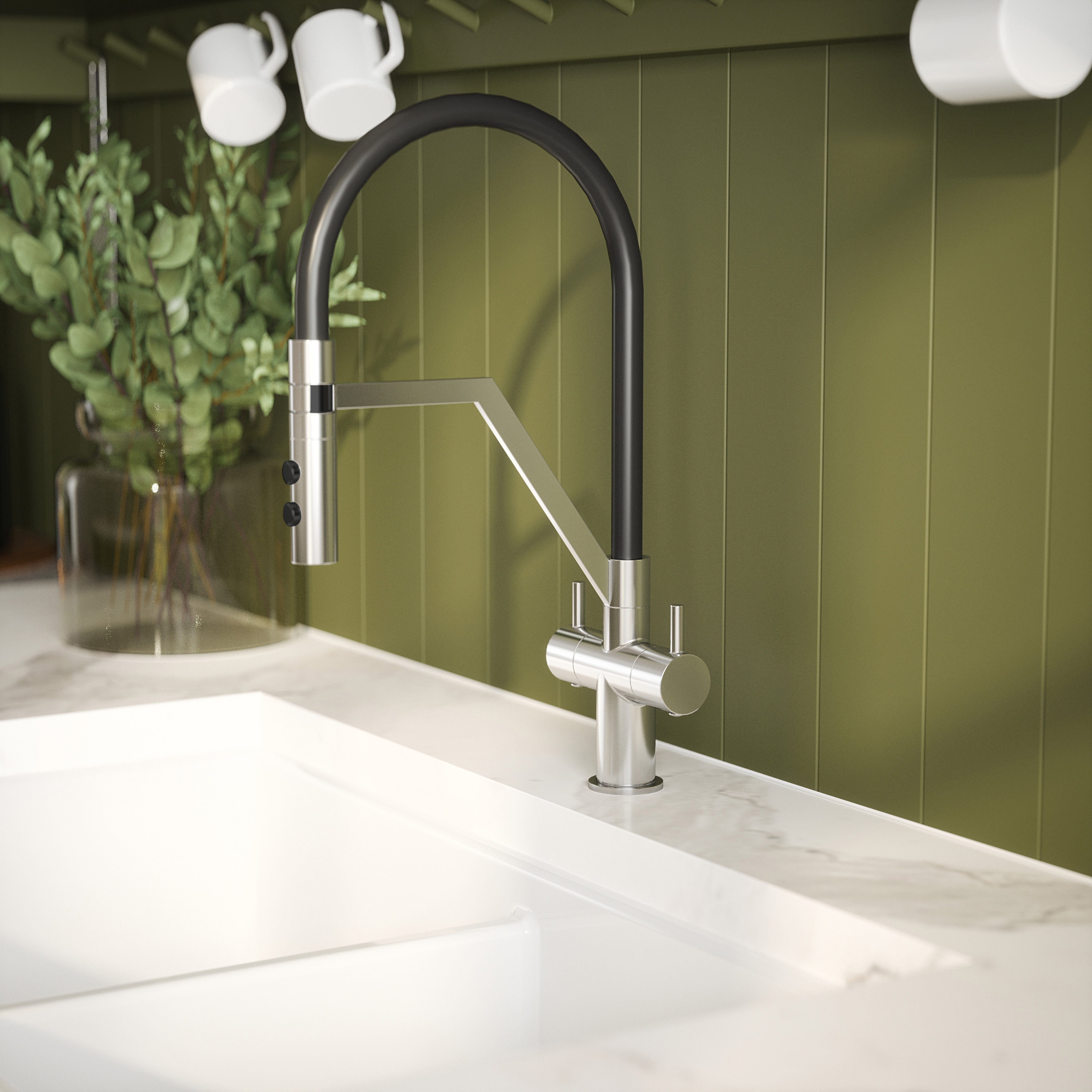 Nuie Ravi Mono Dual Lever Chrome Finished Kitchen Sink Taps With Pop-Up Waste, Deck Mounted Swivel Spout Kitchen Taps, Traditional Design Best Kitchen Taps