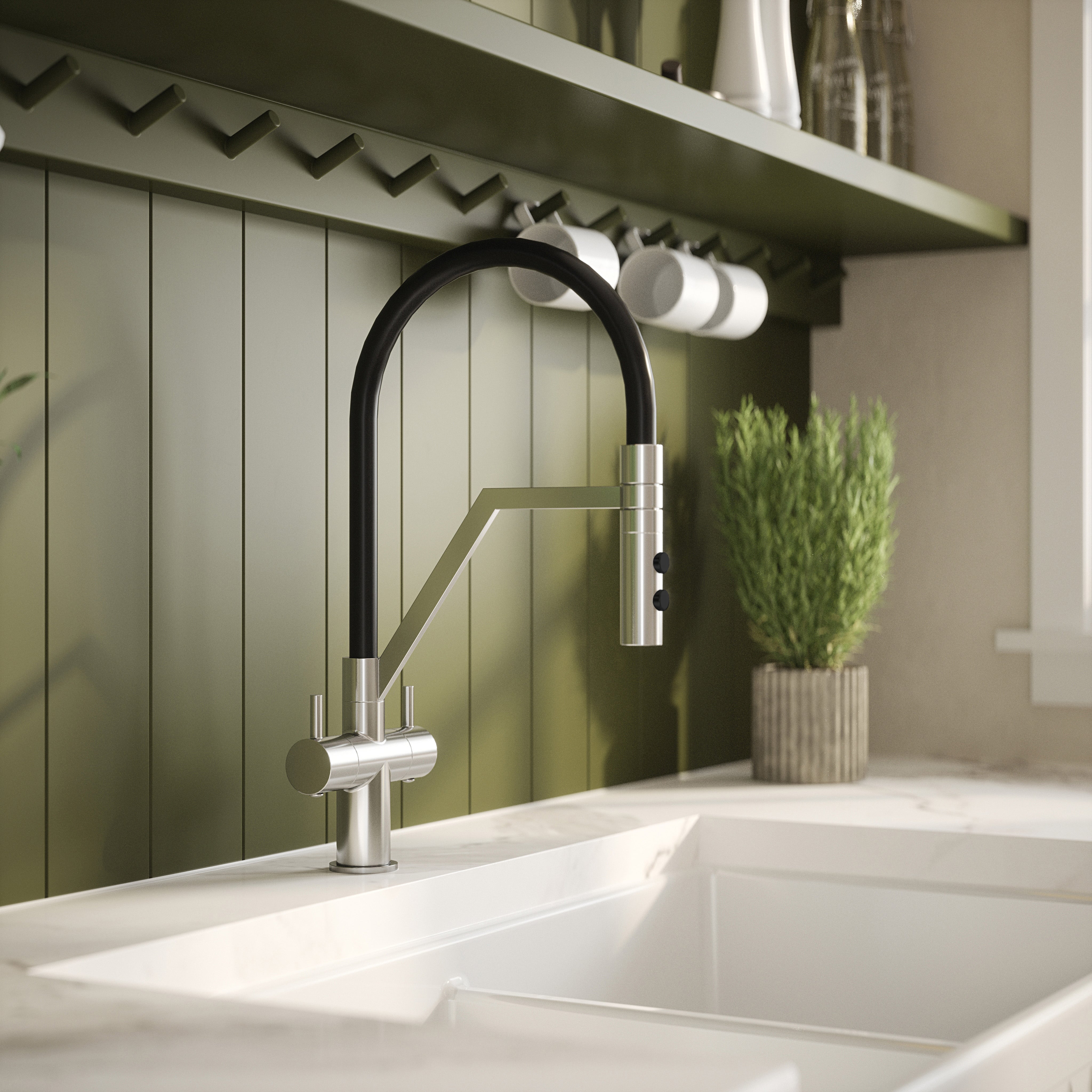 Nuie Ravi Mono Dual Lever Chrome Finished Kitchen Sink Taps With Pop-Up Waste, Deck Mounted Swivel Spout Kitchen Taps, Traditional Design Best Kitchen Taps