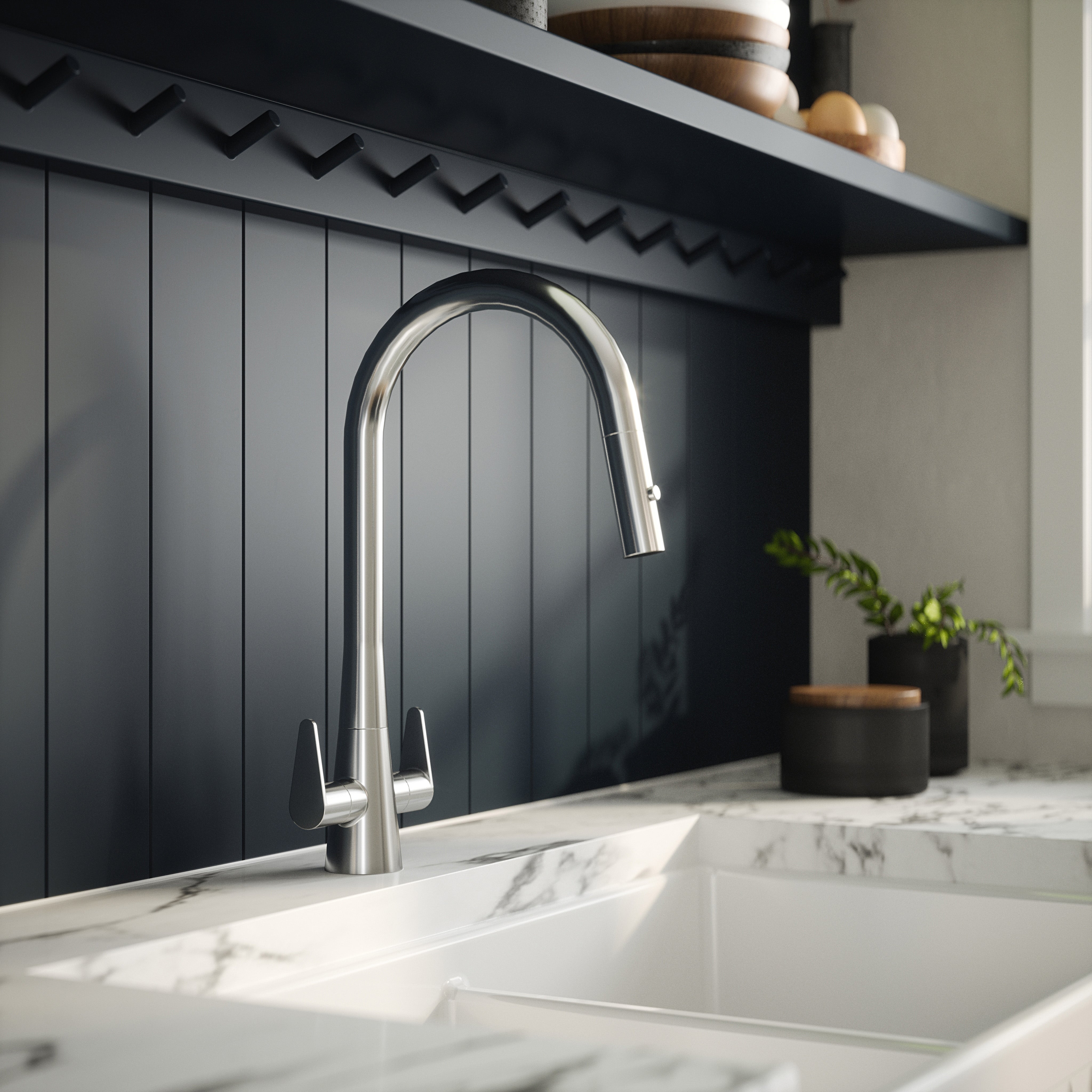 Nuie Sameer Mono Dual Lever Chrome Finished Kitchen Sink Taps, Deck Mounted Swivel Spout Kitchen Taps with Pop-Up Waste, Traditional Design Best Kitchen Taps