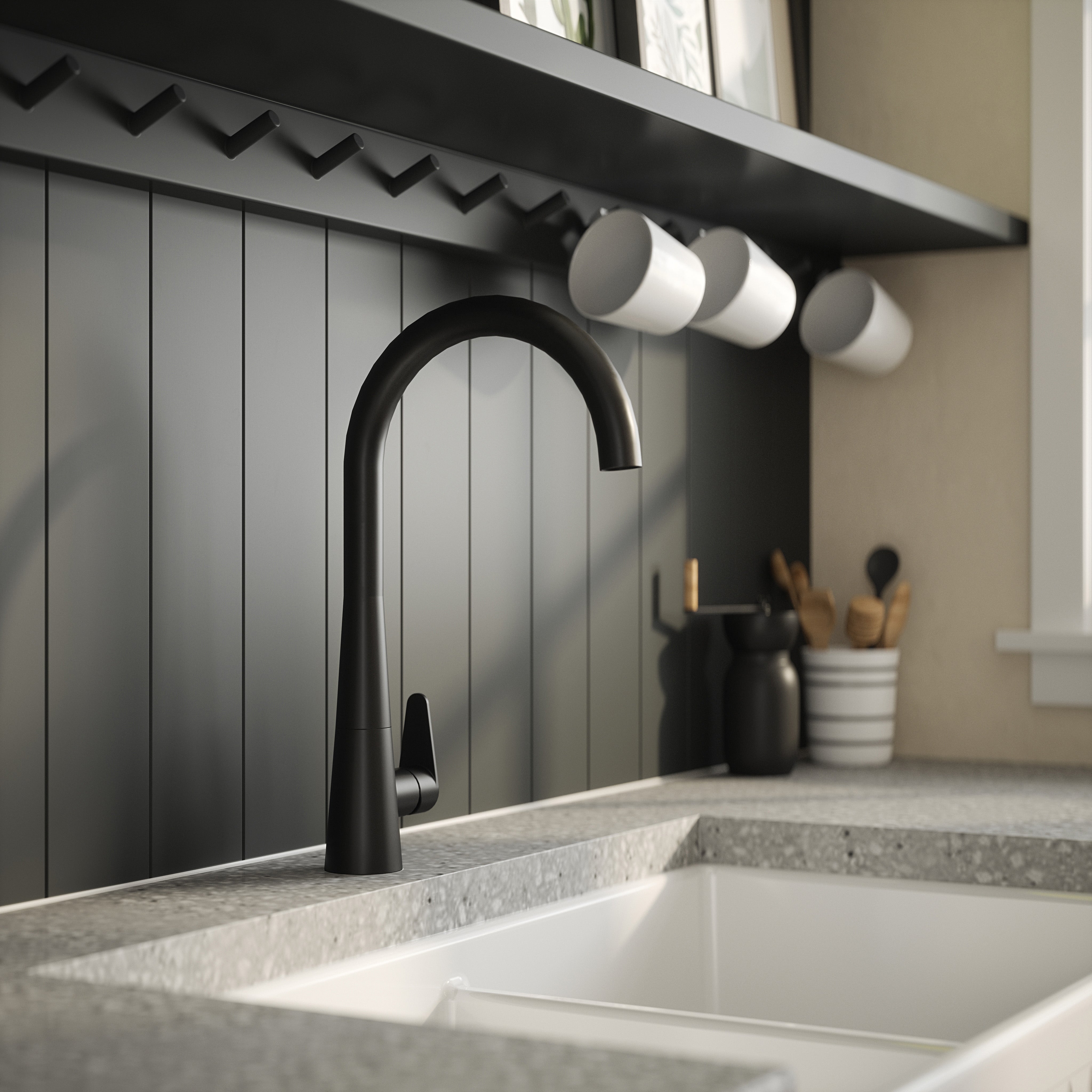 Nuie Sameer Mono Single Lever Matt Black Finished Kitchen Sink Taps, Deck Mounted Swivel Spout Kitchen Taps with Pop-Up Waste, Traditional Design Best Kitchen Taps