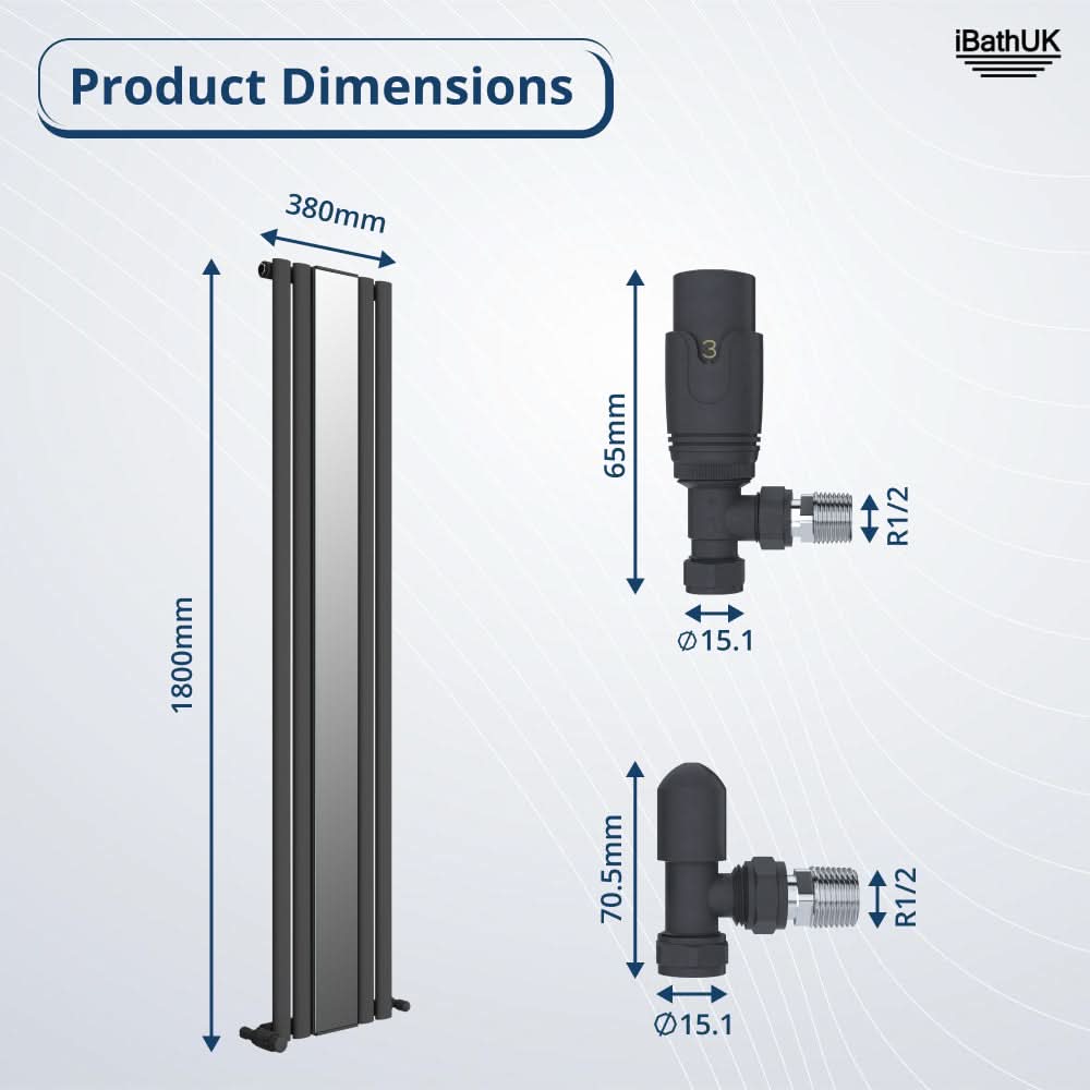 iBathUK Strata Princia Mirror Radiator, Vertical Single Panel, Angled Valve Included, Designer Radiator, Anthracite, 1800 x 385mm