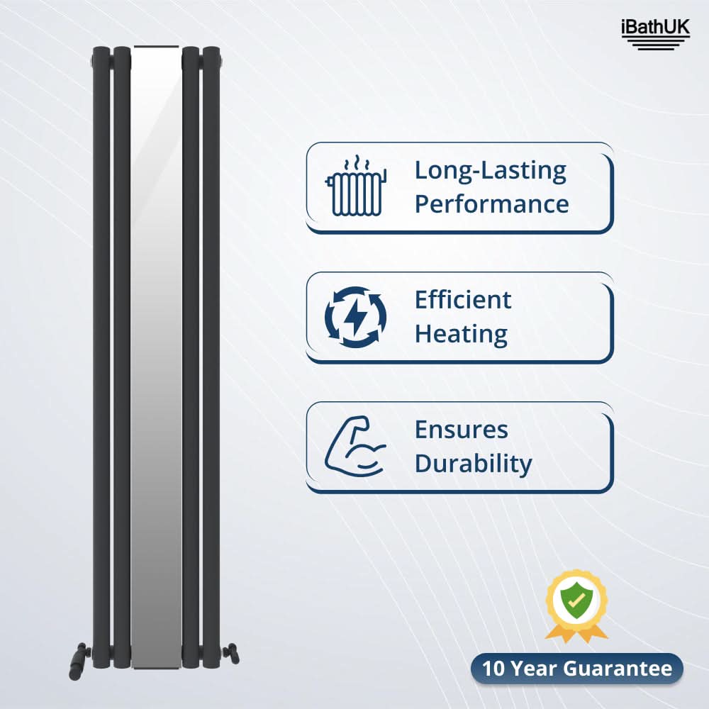 iBathUK Strata Princia Mirror Radiator, Vertical Single Panel, Angled Valve Included, Designer Radiator, Anthracite, 1800 x 385mm