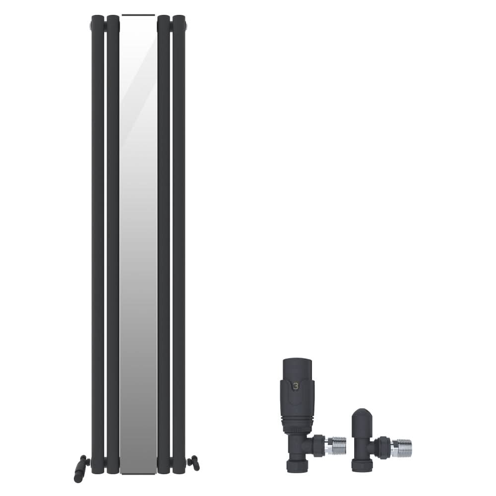 iBathUK Strata Princia Mirror Radiator, Vertical Single Panel, Angled Valve Included, Designer Radiator, Anthracite, 1800 x 385mm