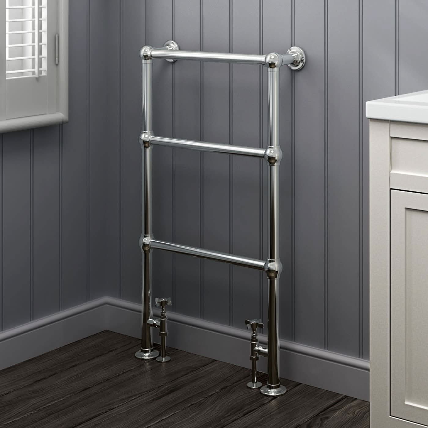 iBathUK Georgian Traditional Vertical Heated Towel Radiator Rail, Towel Warmer 3 Bar Floor Mounted , Designer Heated Towel Rail, 914x535mm, Chrome