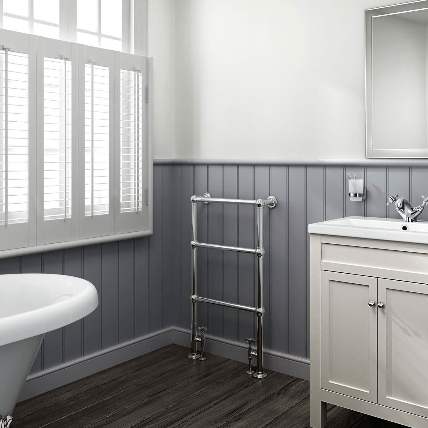 iBathUK Georgian Traditional Vertical Heated Towel Radiator Rail, Towel Warmer 3 Bar Floor Mounted , Designer Heated Towel Rail, 914x535mm, Chrome