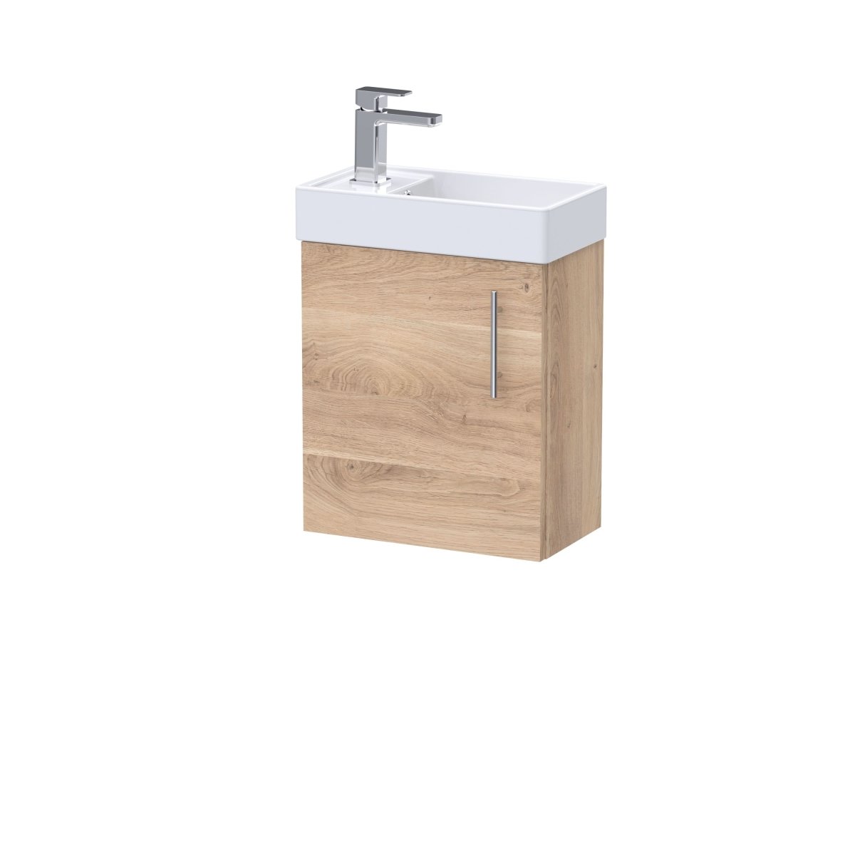 Nuie Vault Wall Hung Cloakroom Vanity Unit with Basin, Durable Single Door Soft Close with Ceramic Sink, Compact Bathroom Furniture in Bleached Oak Finish 400mm